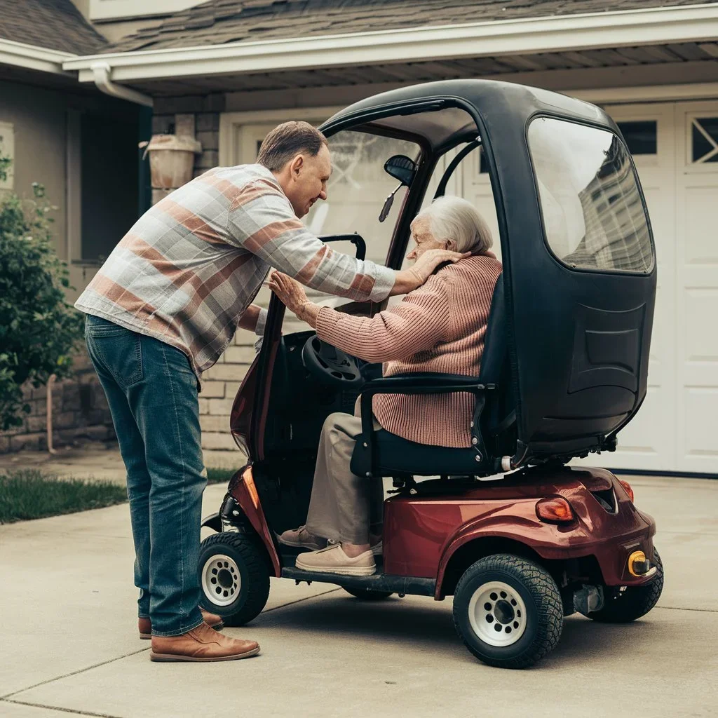 Family Member Helping an Elderly Person into an Enclosed Mobility Scooter (2)